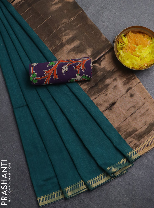 Bengal soft cotton saree teal green and violet with plain body and zari woven border