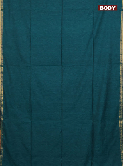 Bengal soft cotton saree teal green and violet with plain body and zari woven border