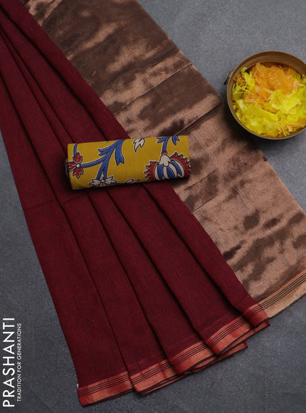 Bengal soft cotton saree maroon and yellow with plain body and zari woven border