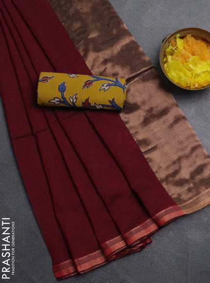 Bengal soft cotton saree maroon and yellow with plain body and zari woven border