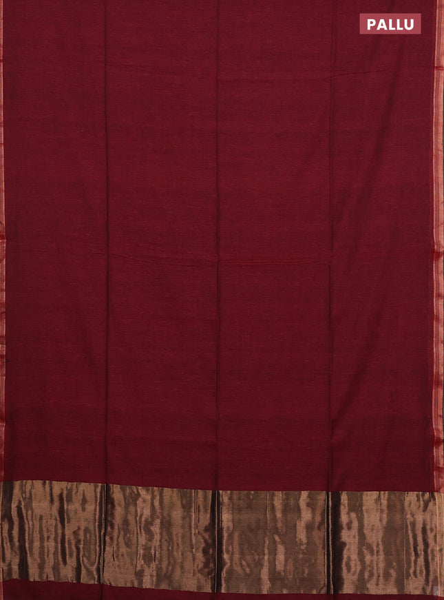 Bengal soft cotton saree maroon and yellow with plain body and zari woven border