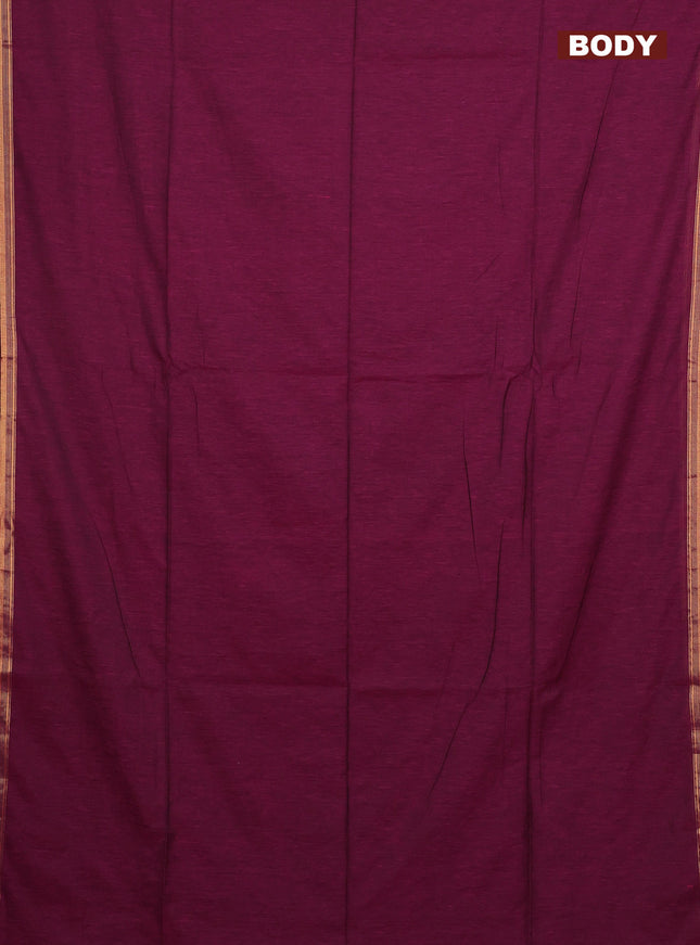 Bengal soft cotton saree dark magenta pink and yellow with plain body and zari woven border