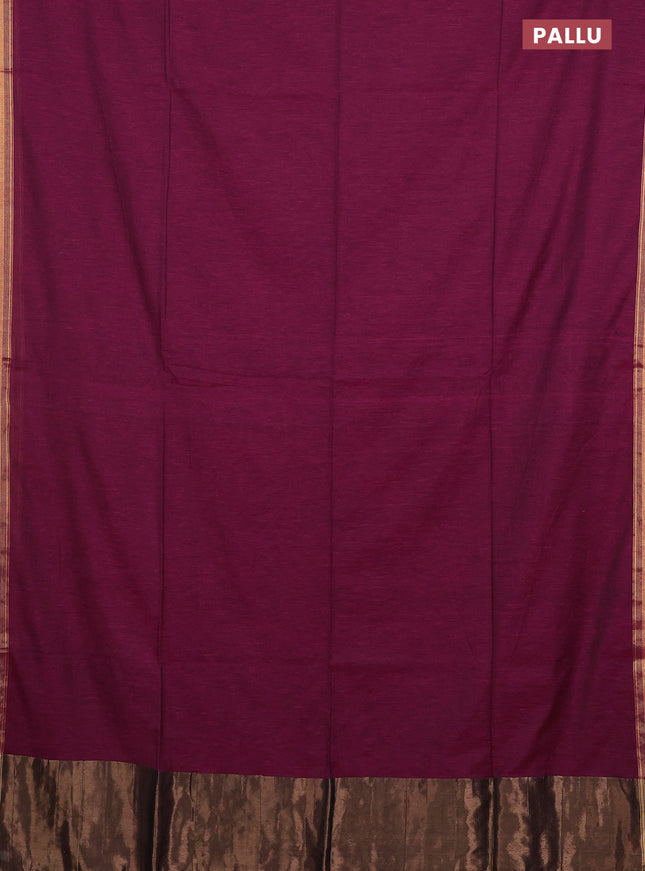 Bengal soft cotton saree dark magenta pink and yellow with plain body and zari woven border