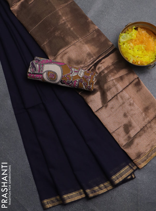 Bengal soft cotton saree deep navy blue and dark mustard with plain body and zari woven border