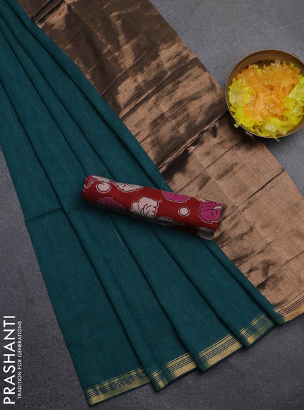 Bengal soft cotton saree teal green and maroon with plain body and zari woven border