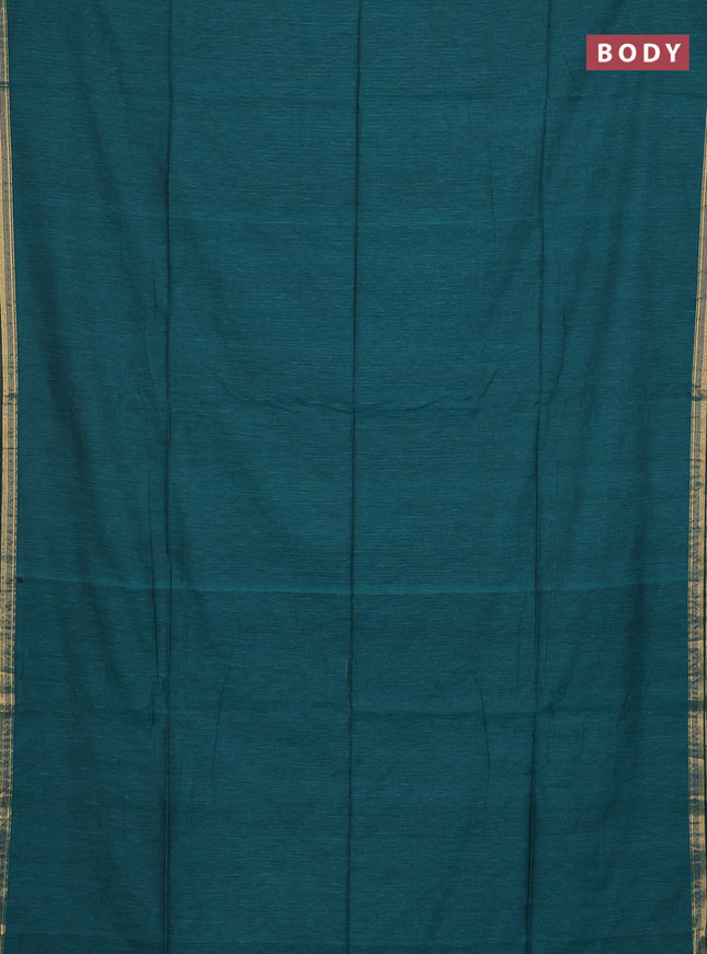 Bengal soft cotton saree teal green and maroon with plain body and zari woven border