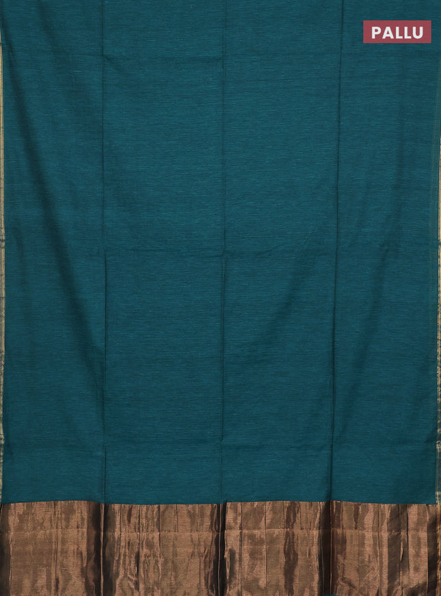 Bengal soft cotton saree teal green and maroon with plain body and zari woven border