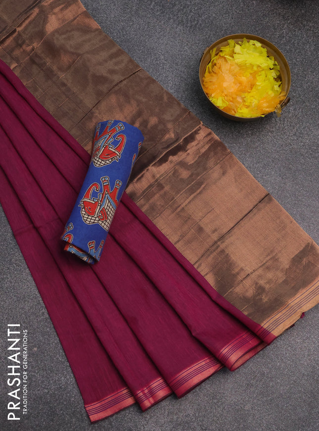 Bengal soft cotton saree dark magenta pink and blue with plain body and zari woven border
