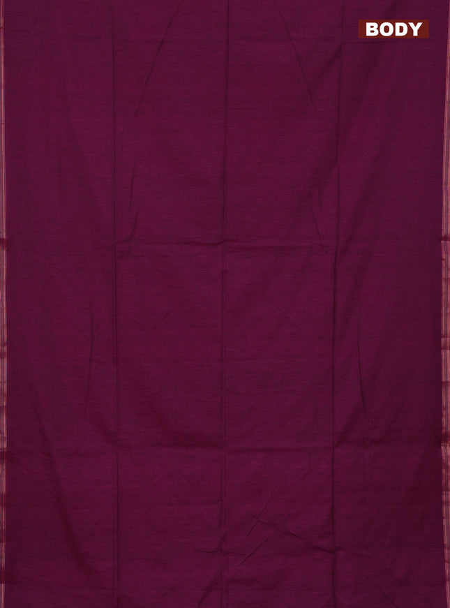 Bengal soft cotton saree dark magenta pink and blue with plain body and zari woven border