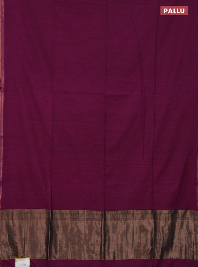 Bengal soft cotton saree dark magenta pink and blue with plain body and zari woven border