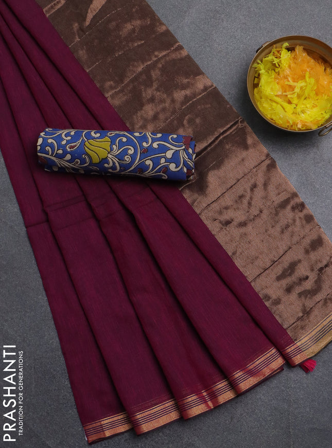 Bengal soft cotton saree dark magenta pink and blue with plain body and zari woven border