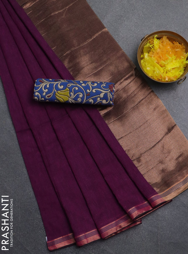 Bengal soft cotton saree purple and blue with plain body and zari woven border