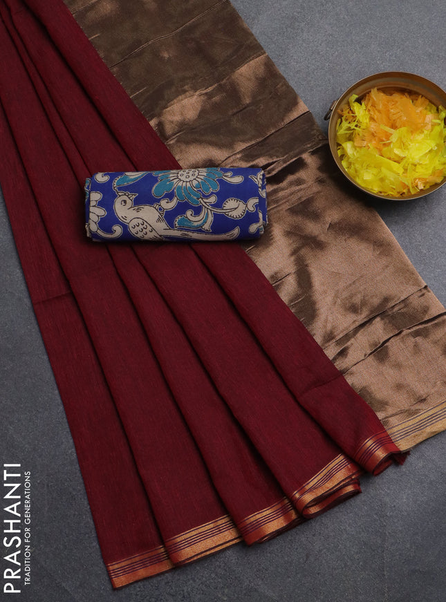 Bengal soft cotton saree maroon and blue with plain body and zari woven border
