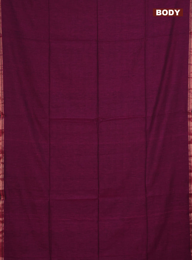 Bengal soft cotton saree dark magenta pink and blue with plain body and zari woven border