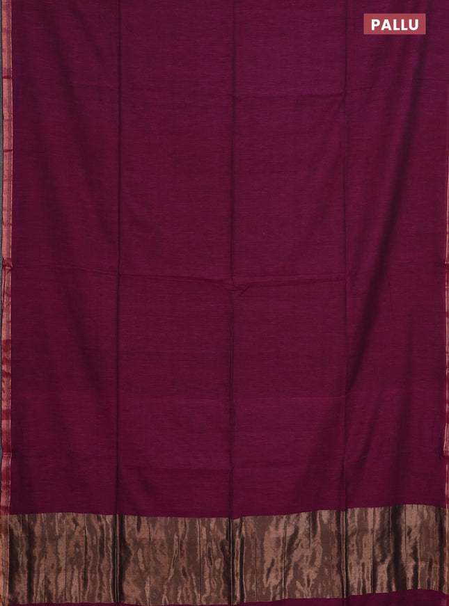 Bengal soft cotton saree dark magenta pink and blue with plain body and zari woven border