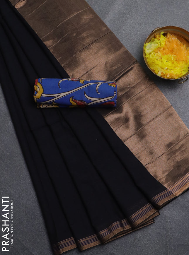 Bengal soft cotton saree black and blue with plain body and zari woven border