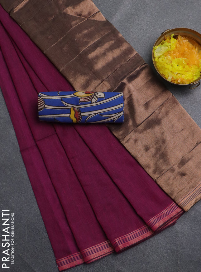Bengal soft cotton saree dark magenta pink and blue with plain body and zari woven border