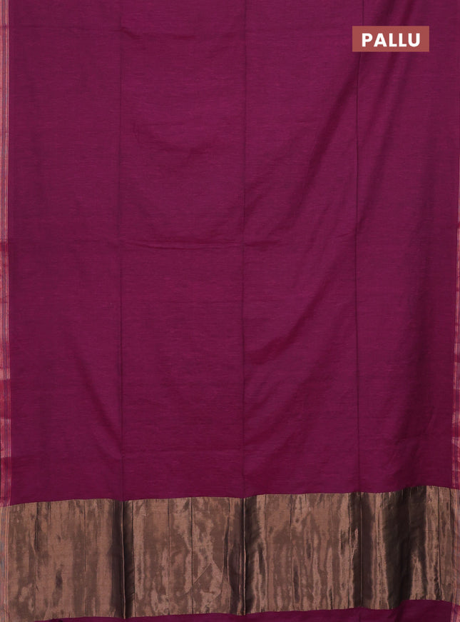 Bengal soft cotton saree dark magenta pink and blue with plain body and zari woven border