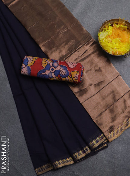 Bengal soft cotton saree navy blue and maroon with plain body and zari woven border