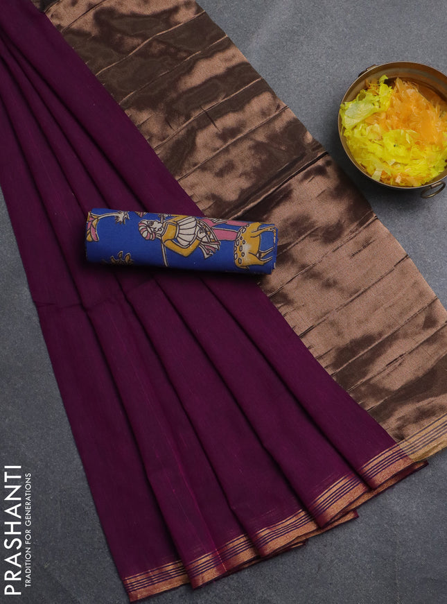 Bengal soft cotton saree purple and blue with plain body and zari woven border