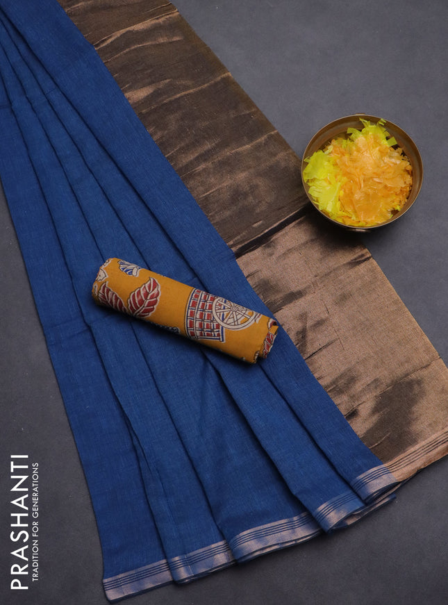 Bengal soft cotton saree cs blue and mustard yellow with plain body and zari woven border