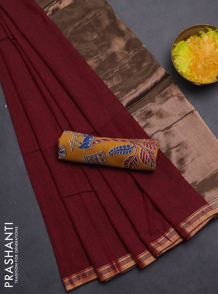 Bengal soft cotton saree maroon and mustard yellow with plain body and zari woven border