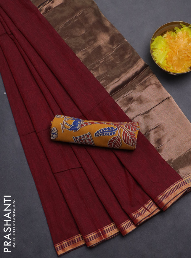 Bengal soft cotton saree maroon and mustard yellow with plain body and zari woven border