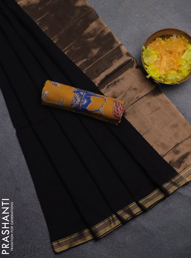 Bengal soft cotton saree black and mustard yellow with plain body and zari woven border