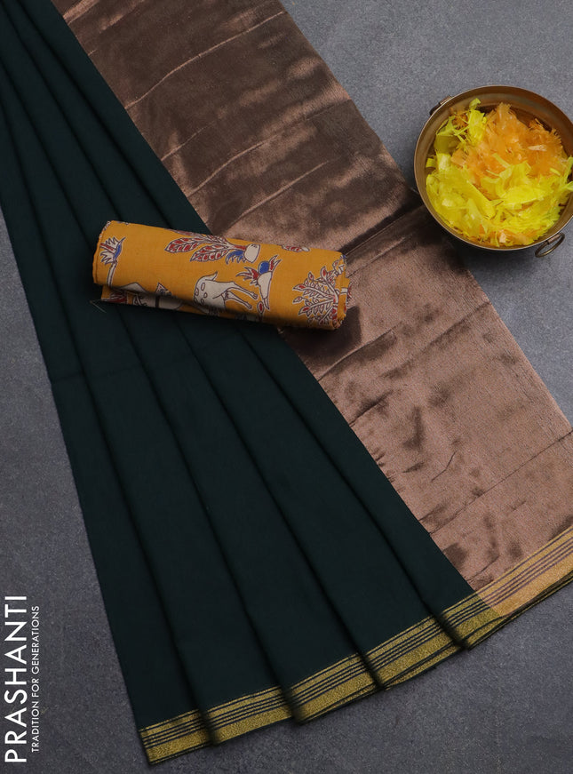 Bengal soft cotton saree bottle green and mustard yellow with plain body and zari woven border
