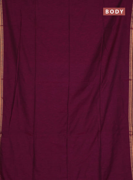 Bengal soft cotton saree dark magenta pink and blue with plain body and zari woven border