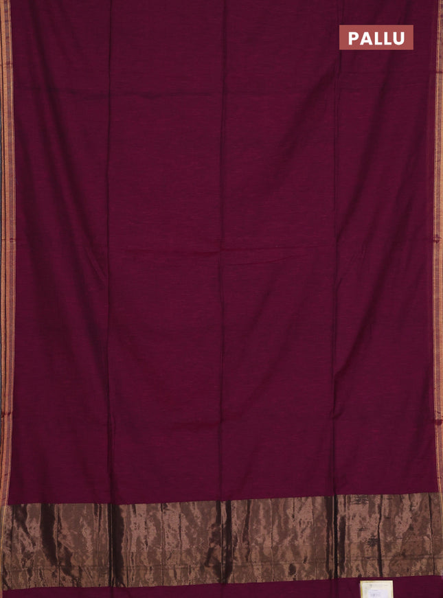 Bengal soft cotton saree dark magenta pink and blue with plain body and zari woven border