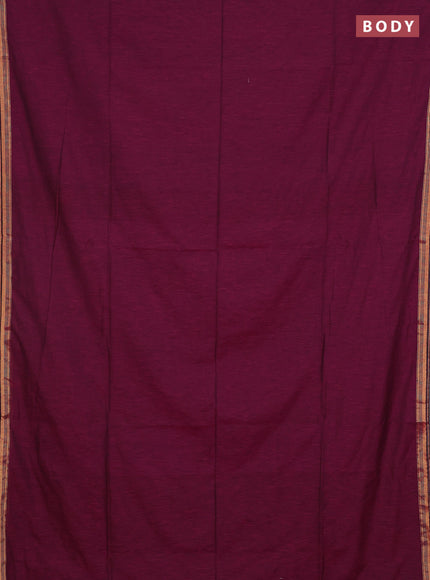 Bengal soft cotton saree dark magenta pink and blue with plain body and zari woven border