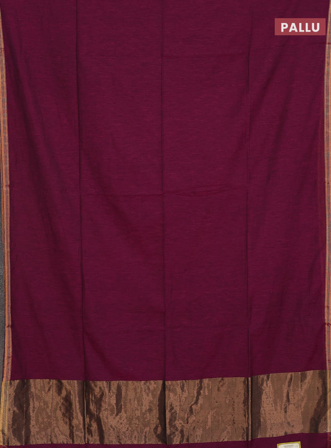 Bengal soft cotton saree dark magenta pink and blue with plain body and zari woven border