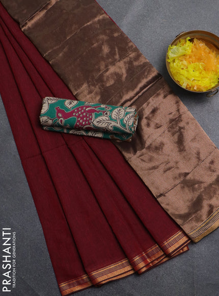 Bengal soft cotton saree maroon and green with plain body and zari woven border