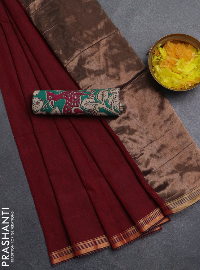 Bengal soft cotton saree maroon and green with plain body and zari woven border