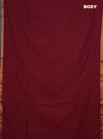 Bengal soft cotton saree maroon and green with plain body and zari woven border
