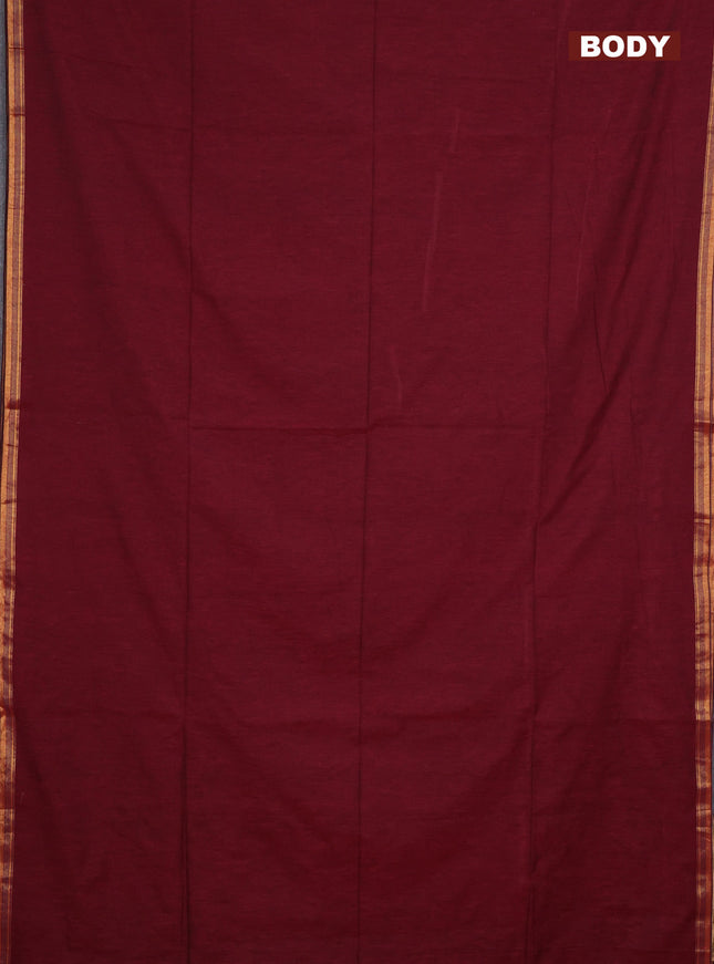 Bengal soft cotton saree maroon and green with plain body and zari woven border