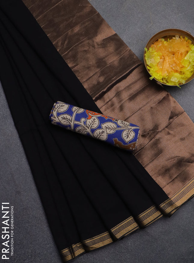 Bengal soft cotton saree black and blue with plain body and zari woven border