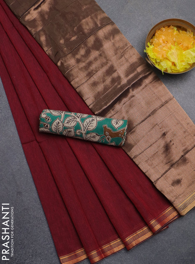 Bengal soft cotton saree maroon and green with plain body and zari woven border