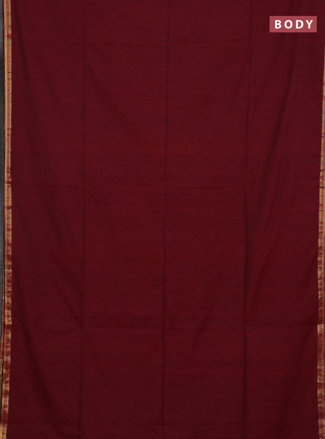 Bengal soft cotton saree maroon and green with plain body and zari woven border