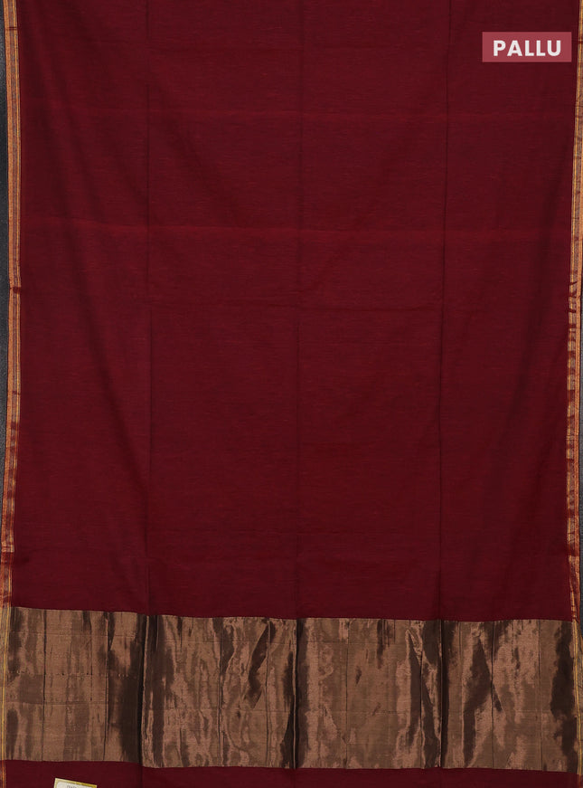 Bengal soft cotton saree maroon and green with plain body and zari woven border