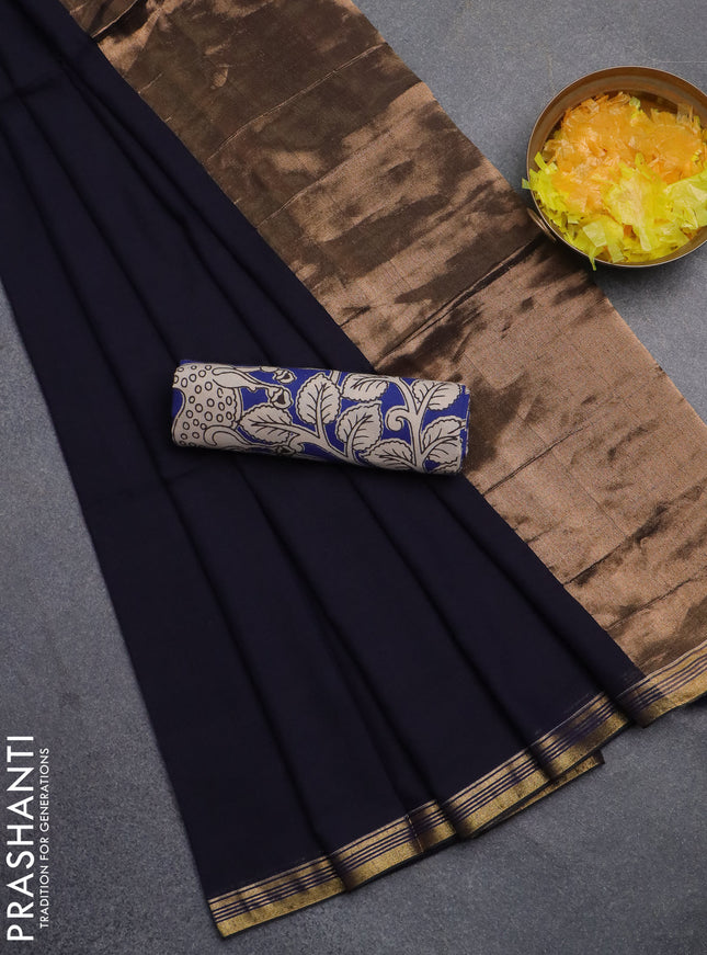Bengal soft cotton saree deep navy blue and blue with plain body and zari woven border