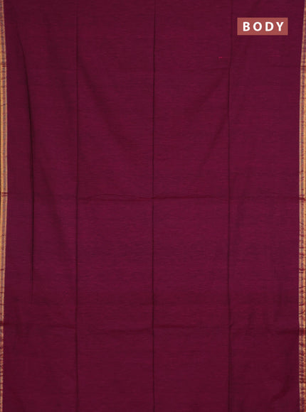 Bengal soft cotton saree dark magenta pink and blue with plain body and zari woven border