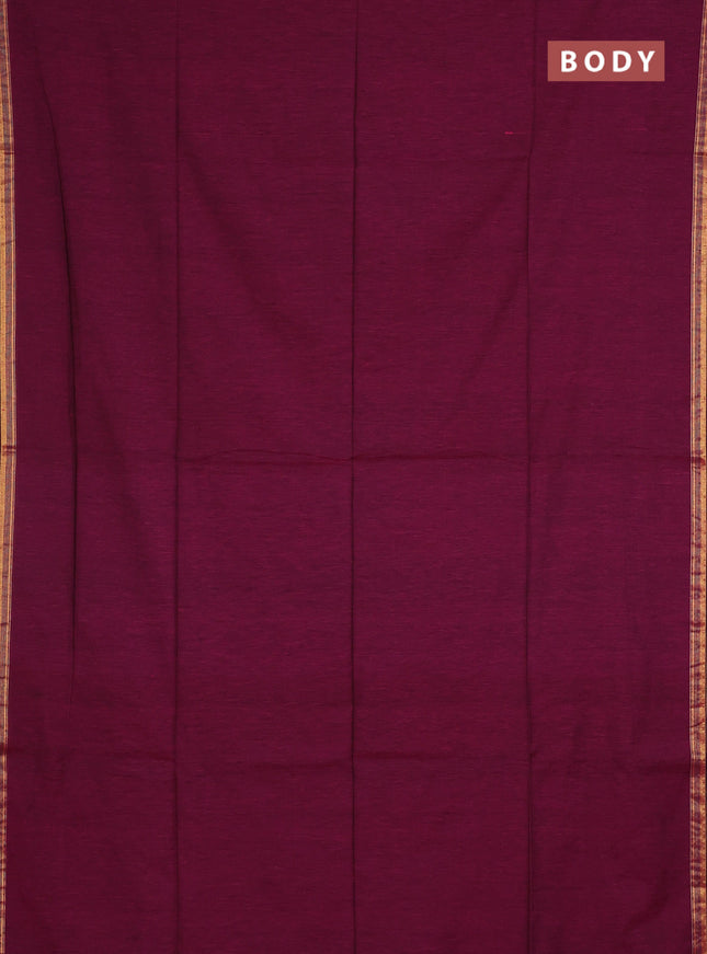 Bengal soft cotton saree dark magenta pink and blue with plain body and zari woven border