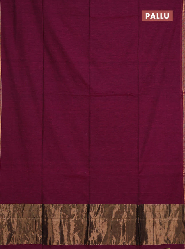 Bengal soft cotton saree dark magenta pink and blue with plain body and zari woven border
