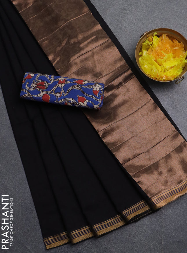Bengal soft cotton saree black and blue with plain body and zari woven border