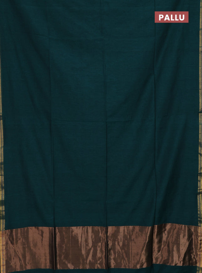 Bengal soft cotton saree teal green and maroon with plain body and zari woven border