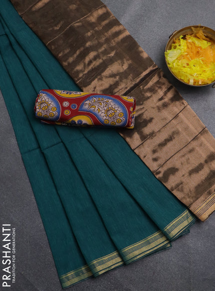 Bengal soft cotton saree teal green and maroon with plain body and zari woven border