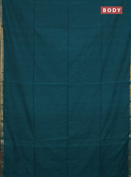 Bengal soft cotton saree teal green and maroon with plain body and zari woven border