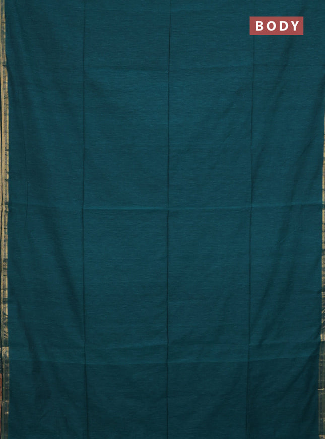 Bengal soft cotton saree teal green and maroon with plain body and zari woven border